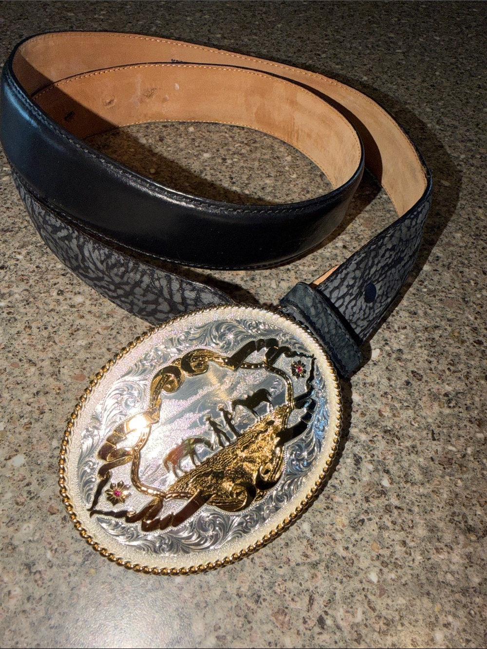 Tony Lama Black Leather Belt with Vintage Montana Silversmiths western buckle